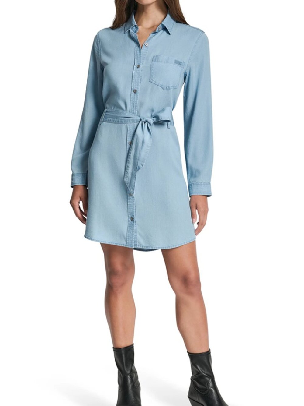 DKNY Jeans Tie Waist Long Sleeve Tencel Denim Shirtdress